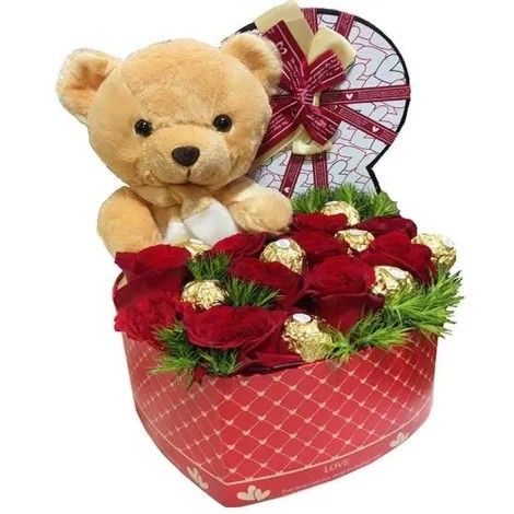 CAJA CORAZÓN ROSAS+BOMBONES+PELUCHES Nº60